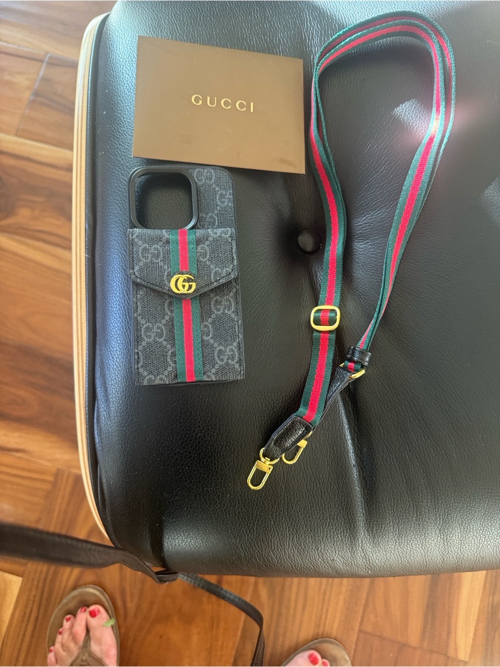 Gucci Black Leather Phone Card Case with Red-Green Web Strap